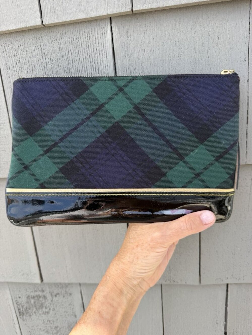 Dooney & Bourke green blue tartan plaid patent leather clutch tasseled preppy - Picture 2 of 11